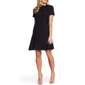 CECE Women's Ruffled Bow Neck Mini Dress Size 6 Rich Black Short Sleeve NWT